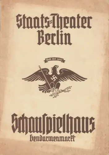 Programmheft zu: Hamlet. Neu einstudiert. Dienstag, 21. Januar 1936.   Spielleitung: Lothar Müthel.   Bühnenbilder: Rochus Gliese.   Bühnenmusik: Leo Spies.. 