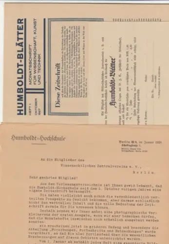 Humboldtblätter    Dr. S. Kadner (Szudienleiter und geschäftsführendes Mitglied).   mit Beiträgen von Ernst Cohn Wiener, Richard Baerwald, Alice Matzdorff, Theodor Cassau.. 