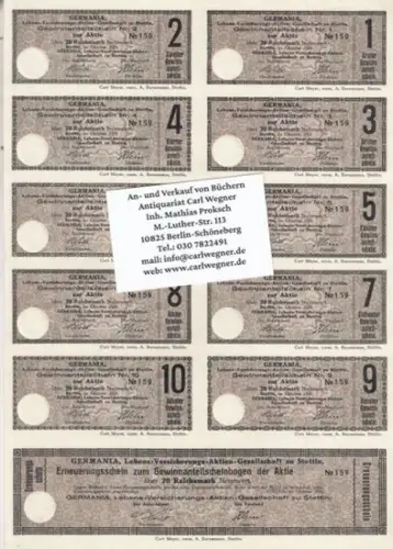 Germania Lebensversicherungs AG zu Stettin. - Aktie, Germania Lebens-Versicherungs-Aktien-Gesellschaft zu Stettin. Aktie No. 159. Erneuerungsschein zum Gewinnanteilscheinbogen der Aktie über 20 Reichsmark Nennwert