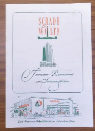 Schade & Wolff, Berlin Fehrbelliner Platz: Schade & Wolff. Vorgedruckte Speisen- und Getränkekarte. 