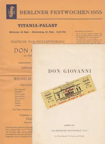 Programmheft zum Opern Film: Don Giovanni. Oper von Wolfgang Amadeus Mozart. Anläßlich der Salzburger Festspiele 1954 in Eastman Colour gefilmt.   Beiliegend: Programmzettel zur.. 