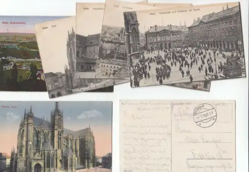 Konvolut mit 7 Postkarten aus Metz, während des 1. Weltkrieg, Frankreich-Feldzug. - Motive: Dom, Hauptbahnhof, Panorama, Paradeplatz und Aufziehen der Wache / farbige Motive: Deutsches Tor, Gesamtansicht, Dom