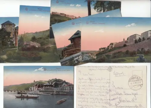 Konvolut mit 7 Postkarten aus Namur, während des 1. Weltkrieg, Frankreich Feldzug.   farbig gezeichnete Motive: Anciennes fortifications, chateau des comtes, le funiculaire et.. 