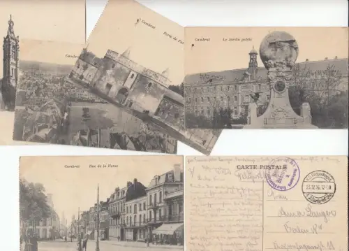 Konvolut mit 6 Postkarten aus Cambrai, während des 1. Weltkrieg, Frankreich-Feldzug. - Motive: La cathedrale / Panorama / Porte de Paris / Le jardin public / place au bois et rue des 3 pigeons / rue de la herse