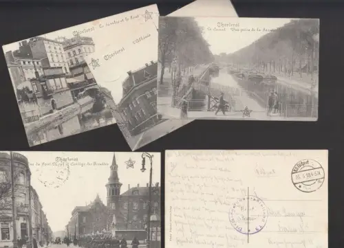 Konvolut mit 5 Postkarten aus Charleroi, während des 1. Weltkrieg, Frankreich-Feldzug. - Motive: La Sambre et le pont / L'Alhenee / Le Canal / Pont du canal et la prison / rue du Pont neuf e college des jesuites