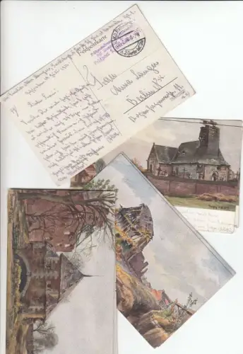 Konvolut mit 8 Motiven auf 11 Postkarten, farbig gestaltet von Max Gehlsen, gelaufen während des 1. Weltkrieg.   Motive: Beauvraignes   Laufgraben, Ruinen.. 