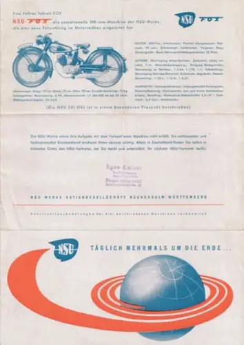 NSU Werke Neckarsulm (Hrsg.): Täglich mehrmals um die Erde - ( Prospekt NSU Quick, 125 ZDB, NSU Fox ). 