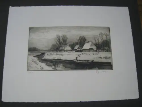 Geerken, F(ritz, 1912 - 1991 ): Ohne Titel - Dörfliche Flusslandschaft im Schnee. - Signiert !. 