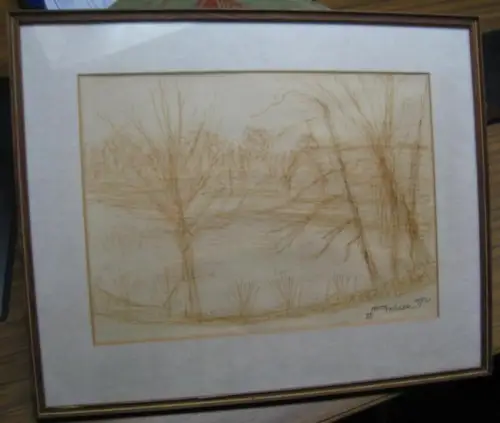 Tröger, Fritz ( 1894 - 1978 ): Ohne Titel ( Vorwinterliche Flusslandschaft - zu sehen sind laublose Bäume und Sträucher am Ufer eines Flusses ). - Signiert !. 