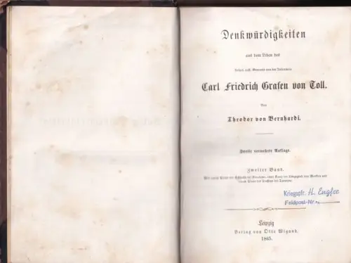 Bernhardi, Theodor: Denkwürdigkeiten aus dem Leben des kaiserl. russ. Generals der Infanterie Carl Friedrich von Toll - zweiter Band (Band 2 apart). 