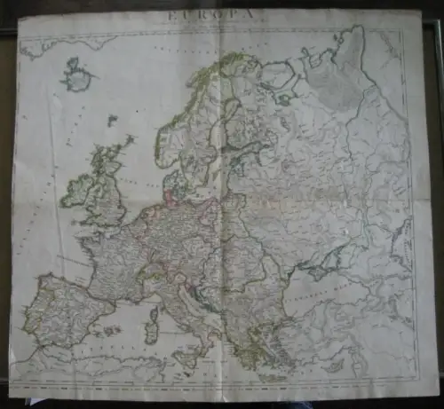 Grenzcolorierte Kupferstichkarte von Europa. Auf der Karte: Portugal, Spanien, Frankreich, Großbritannien und Irland, Niederlande, Schweiz, Italien, Deutschland, Dänemark, Island, Preussen und Posen, Polen, Krakau, Ungarn.. 