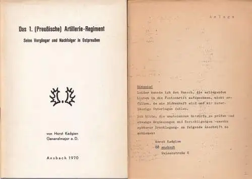 Kadgien, Horst: Das 1. ( Preußische ) Artillerie-Regiment. Seine Vorgänger und Nachfolger in Ostpreußen. 