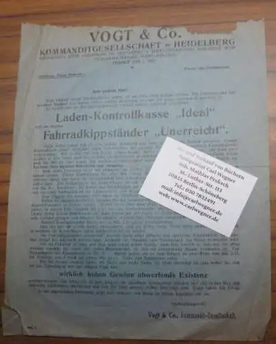 Vogt & Co. KG Heidelberg, Abteilung Patent-Neuheiten: Vogt & Co. Kommanditgesellschaft Heidelberg: Werbeblatt für den Vertrieb zweier Patentneuheiten: Laden-Kontrollkasse 'Ideal' und Fahrradkippständer 'Unerreicht'. 