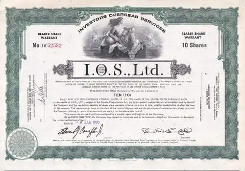 I.O.S. Inverstors Overseas Services / Montreal Trust Company, Toronto / Royal Bank of Canada: Bearer Share Warrant : 10 Shares & coupons. 