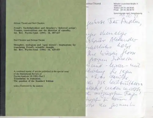 Thomä, Helmut / Cheshire, Neil: Freud's Nachträglichkeit und Strachey's 'deferred action': Trauma, constructions and the direction of causality // Metaphor, neologism and 'open texture': implications.. 