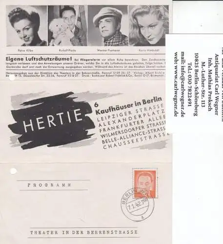 Programm Zettel zu: Herkules. Lustspiel in drei Akten. Deutsch von Hans Wölffer. Regie: Hans Wölffer. Bühnenbilder: Diemer und Willroda. Mitwirkende: Werner Fuetterer, Paul Bledschun, Karl.. 
