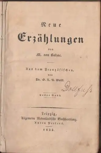Balzac, Honoré de - O.L.B. Wolff (Übers.): Neue Erzählungen. Erster Band [von insg. 2 Bänden]. 