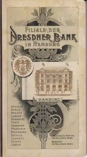 Dresdner Bank: Filiale der Dresdner Bank in Hamburg. Geschäftsstelle: Hamburg, Jungfernstieg 22. 