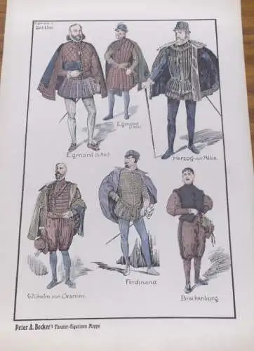 Theater-Figurinen-Mappe. 3 Tafeln (so komplett) Entwürfe und Zeichnungen von Peter A. Becker nebst 1 Blatt Beschreibung von G. Eberhardt zu J. W. von Goethe: Egmont. Ein Trauerspiel in 5 Aufzügen