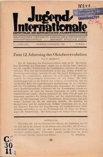 Jugend-Internationale -  11. Jahrgang 1929 / 1930, Heft 2, Oktober / November 1929. Kampforgan der Kommunistischen Jugendinternationale mit Beilage der Junge Bolschewik. Aus dem Inhalt: P. Reimann: Zum 12. Jahrestag der Oktoberrevolution / Fritz Geminder: