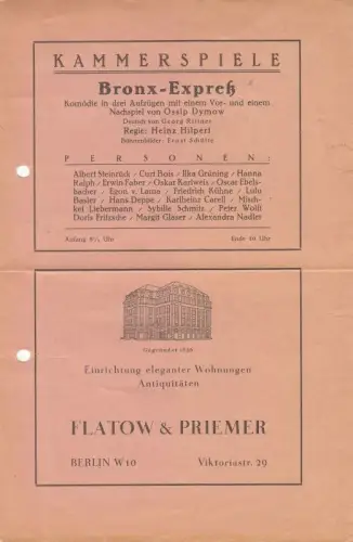 Programmzettel zu: Bronx Expreß, Kammerspiele / Die Ehe von Welt (This was a man), in der Komödie.   zu 1) Komödie von Ossip Dymow.. 