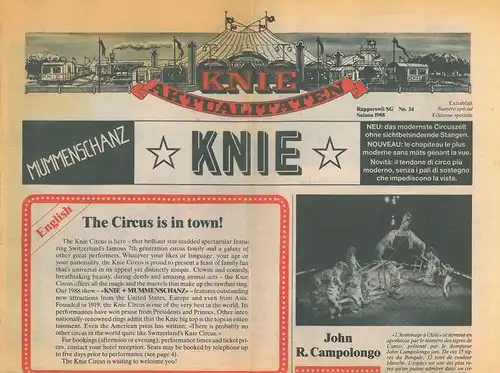 Circus Knie &quot;Knie Aktualitäten&quot; Zeitung des Zirkus Knie Saison 1988, No. 34 (&quot;Extrablatt&quot;)