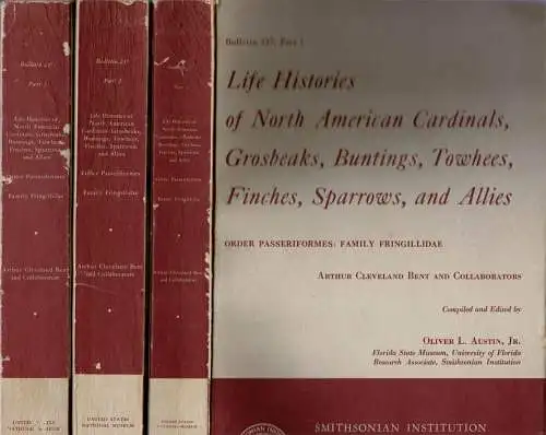 Life histories of North American Cardinals, Grosbeaks, Buntings, Towhees, Finches, Sparrows, and Allies. Order Passeriformes: Family Fringillidae. United States National Museum Bulletin 237. 3 volumes. 