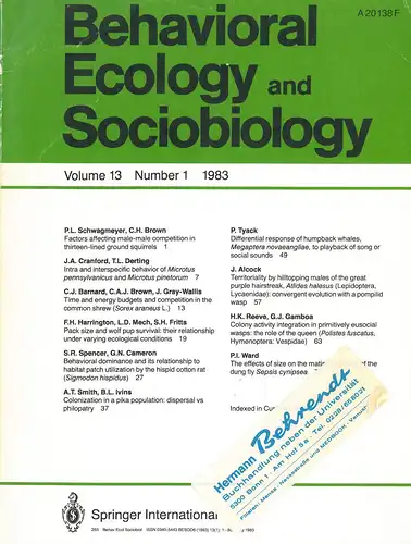 Behavioral Ecology and Sociobiology. Volume 13, Numer 1, 1983. 