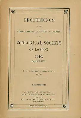 Proceedings of the General Meetings for Scientific Business of the Zoological Society of London, 1910, pages 837-1033. 