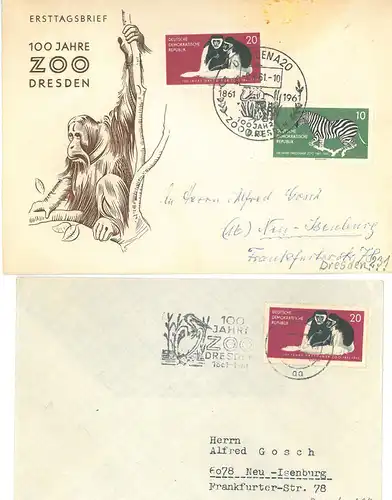 2 Briefumschläge, adressiert an Alfred Gosh, 1x Ersttagsbrief 100 Jahre Zoo Dresden (Orang-Utan Zeichnung) + 1x mit Stempel 100 Jahre Zoo Dresden, auf beiden Briefumschlägen...