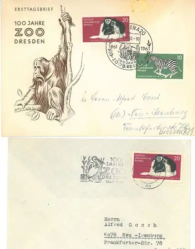 2 Briefumschläge, adressiert an Alfred Gosh, 1x Ersttagsbrief 100 Jahre Zoo Dresden (Orang Utan Zeichnung) + 1x mit Stempel 100 Jahre Zoo Dresden, auf beiden.. 