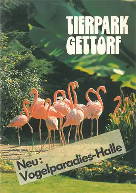 Wegweiser (Flamingos) mit Aufkleber auf dem Titel: Neu:Vogelparadies-Halle. 