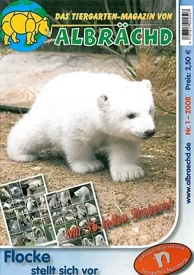 Tiergarten Magazin Albrächd 1/2008 "Flocke stelltsich vor" - mit 36 Stickern und Zooplan auf der Rückseite. 