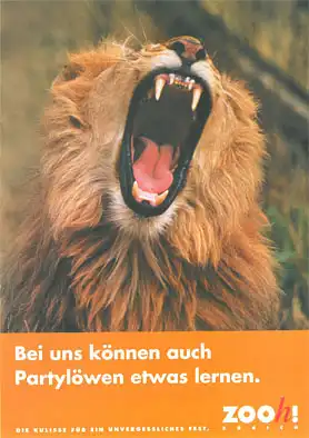 Zoo-Werbung: "Bei uns können auch Partylöwen etwas lernen" Zoo Zürich als Kulisse für ein unvergessliches Fest. 
