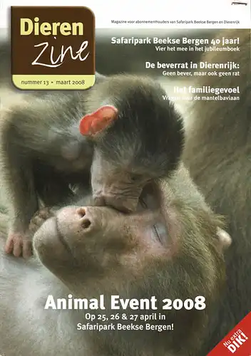 Dierenzine. Nummer 13, maart 2008. magazine voor abonnementhouders van Safaripark Beekse Bergen en Dierenrijk. 