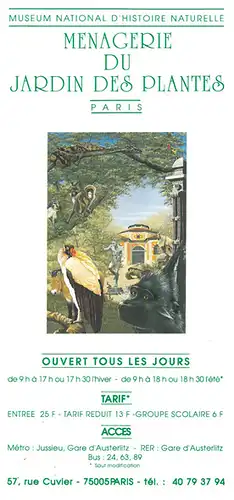 Faltplan La Menagerie du Jardin des Plantes (Zeichnung div. Tiere, Eingang und Statue). 