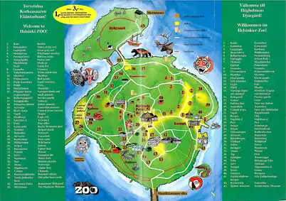 Helsinki Zoo, Plan und Informationen (grünunterlegte Legende) "Haluatko kummiksi kulaanille, keinoemoksi kultaleijonatamariinille?". 
