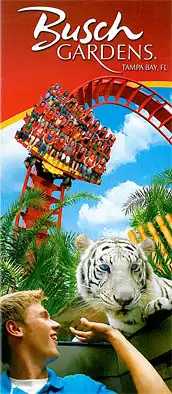 Besucherinfo Busch Gardens (u.a. weißer Tier, Achterbahn). 