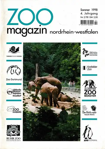 ZOOmagazin NRW Sommer 1998 (Themen u.a.: Elefanten im zoologischen Garten Wuppertal, Strauße und Nandus im Zoo Dortmund, Zehn Jahre Chinesischer Garten im Zoo Duisburg ). 