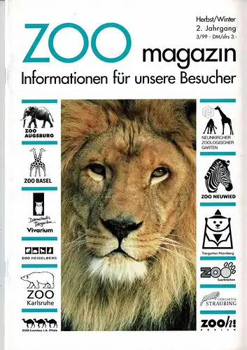 ZOOmagazin Süd Herbst/Winter 1999  (Themen u. a.: Weißkopfmakis im Zoo Neuwied,Das Reptilienhaus im Augsburger Zoo, Die Schopfmakakenhaltung im Vivarium Darmstadt). 