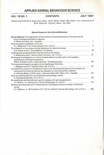 Applied Animal Behaviour Science, 18/1 (1987), Special Issue: Zoo Animal Behaviour. 