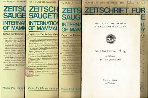 Zeitschrift für Säugetierkunde. International Journal of Mammalian Biology. Organ der Deutschen Gesellschaft für Säugetierkunde. Vol.45 (1,3,4,5) mit Beiheft "54. Hauptversammlung". 