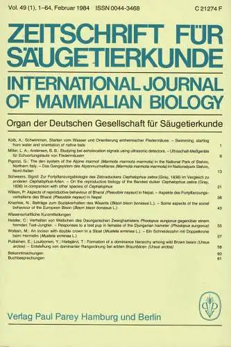 Zeitschrift für Säugetierkunde. International Journal of Mammalian Biology. Organ der Deutschen Gesellschaft für Säugetierkunde. Vol.49 (1-6), mit Beiheft "58. Hauptversammlung". 