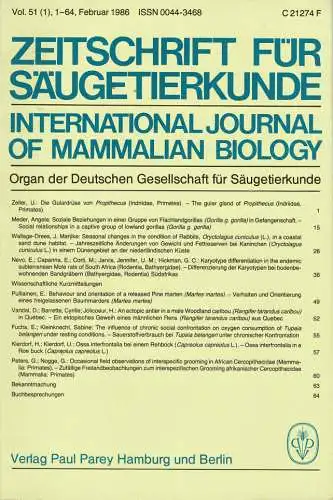Zeitschrift für Säugetierkunde. International Journal of Mammalian Biology. Organ der Deutschen Gesellschaft für Säugetierkunde. Vol.51 (1-6), mit Beiheft "60. Hauptversammlung". 