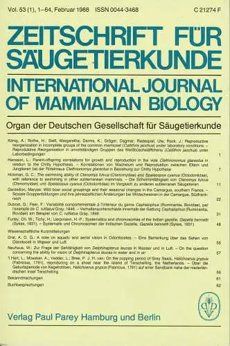 Zeitschrift für Säugetierkunde. International Journal of Mammalian Biology. Organ der Deutschen Gesellschaft für Säugetierkunde. Vol.53 (1-6), mit Beiheft "62. Hauptversammlung". 