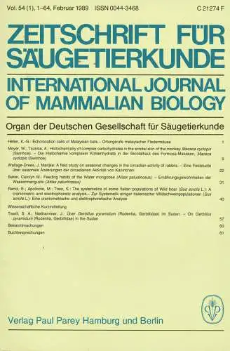 Zeitschrift für Säugetierkunde. International Journal of Mammalian Biology. Organ der Deutschen Gesellschaft für Säugetierkunde. Vol.54 (1-6), mit Beiheft "63. Hauptversammlung". 