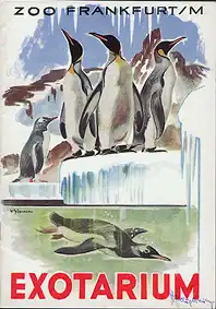 Wegweiser Exotarium (gezeichnete Pinguine - davon 3 auf einem Eisblock, 1 kleinerer dahinter, 1 tauchend). 