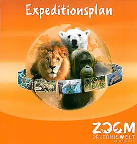 Faltblatt (Globus mit L?we, Orang und Eisb?r, orange) "Expeditionsplan". 