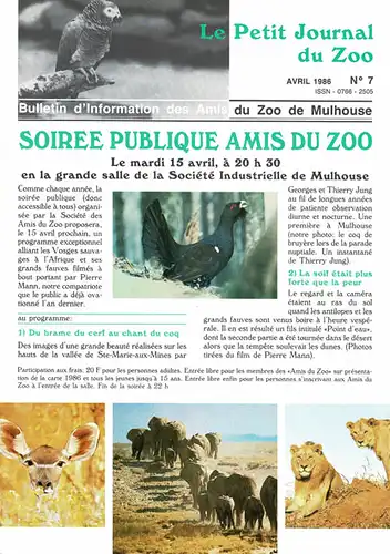 Le Petit Journal du Zoo Avril 1986 - No 7. 