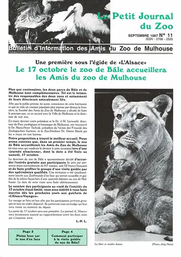 Le Petit Journal du Zoo Septembre 1987 - No 11. 